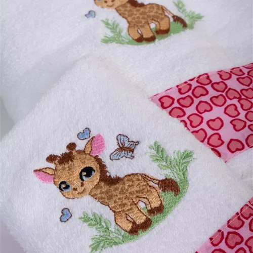 Πετσέτα Με Κέντημα Σετ 2 τεμ bebe Giraffe 172 30X50,70X140 White-Pink 100%  Cotton
