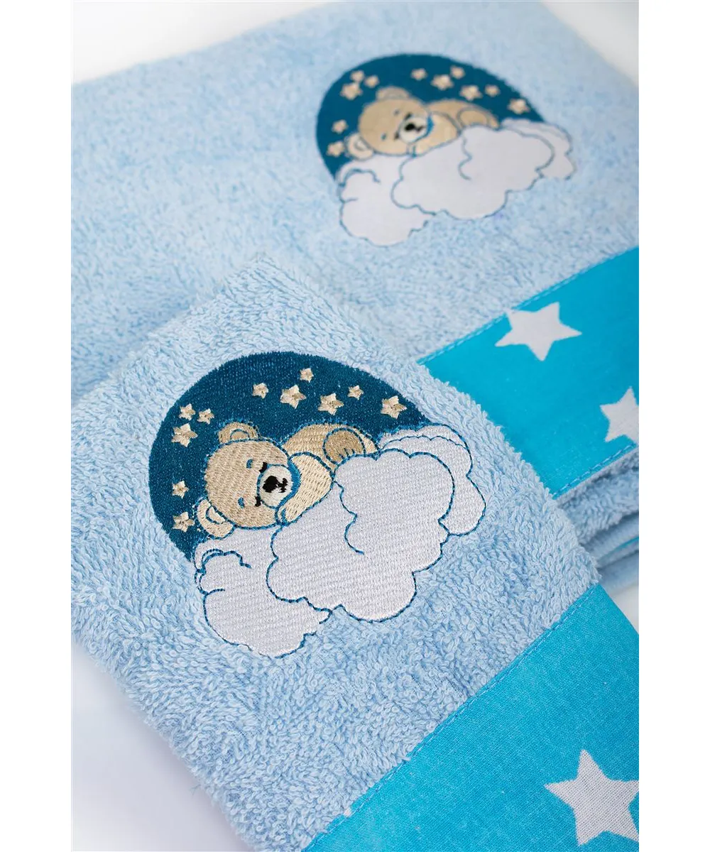 Πετσέτα Με Κέντημα Σετ 2 τεμ bebe Cloudy Bear 175 30X50,70X140 Sky Blue 100%  Cotton