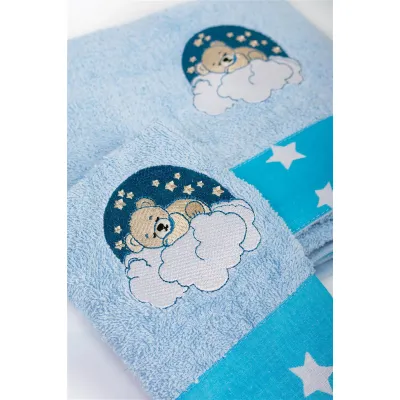 Πετσέτα Με Κέντημα Σετ 2 τεμ bebe Cloudy Bear 175 30X50,70X140 Sky Blue 100%  Cotton