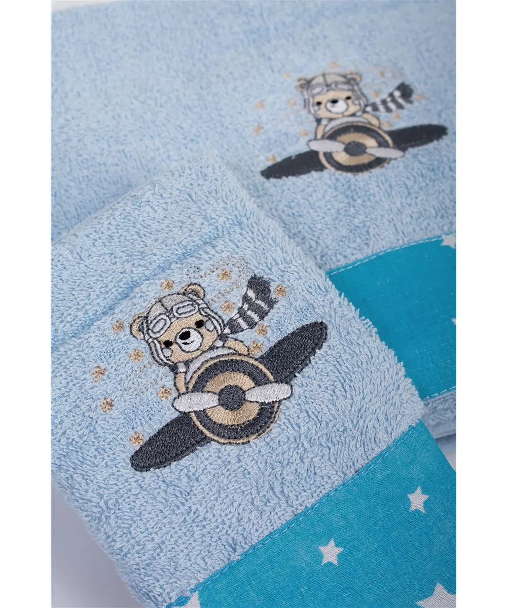 Πετσέτα Με Κέντημα Σετ 2 τεμ bebe Aviator 183 30X50,70X140 Sky Blue 100%  Cotton