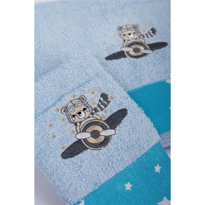 Πετσέτα Με Κέντημα Σετ 2 τεμ bebe Aviator 183 30X50,70X140 Sky Blue 100%  Cotton