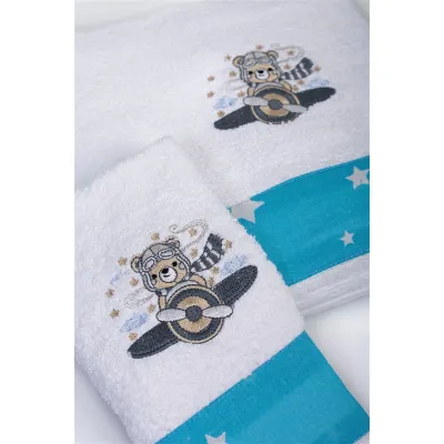 Πετσέτα Με Κέντημα Σετ 2 τεμ bebe Aviator 184 30X50,70X140 White-Sky Blue 100%  Cotton