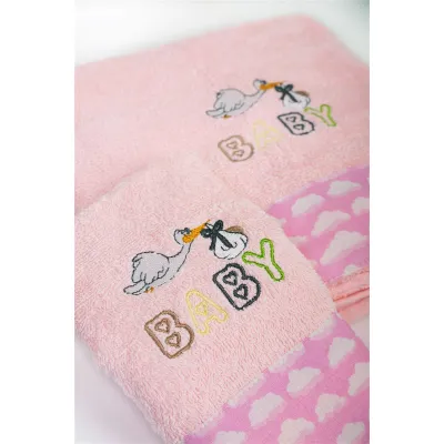 Πετσέτα Με Κέντημα Σετ 2 τεμ bebe Stork 192 30X50,70X140 Pink 100%  Cotton
