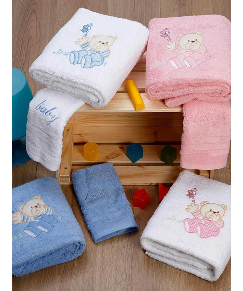 Σετ πετσέτες κεντητές Bear 04 White/Pink Σετ πετσέτες κεντητές Bear 04 White/Pink