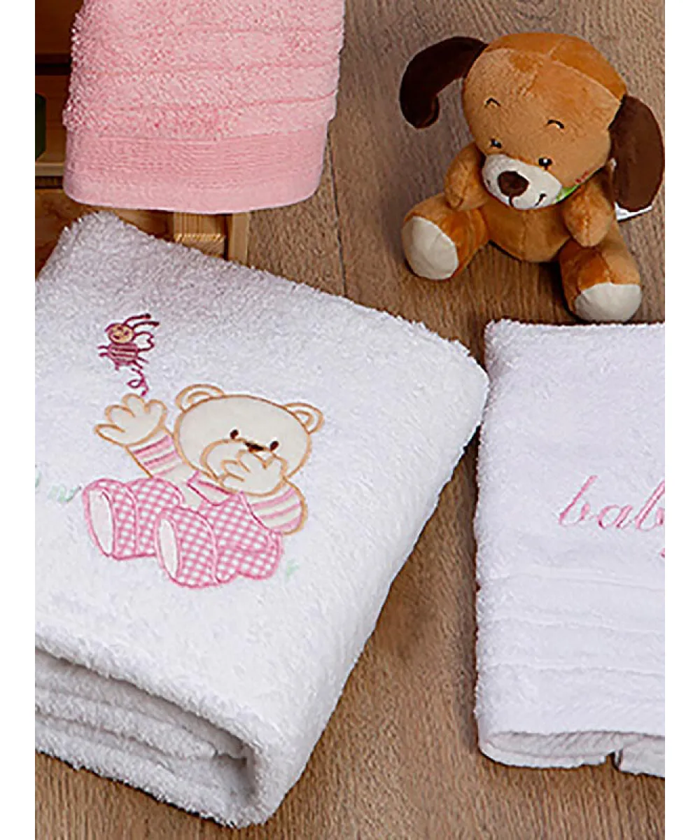Σετ πετσέτες κεντητές Bear 04 White/Pink Σετ πετσέτες κεντητές Bear 04 White/Pink