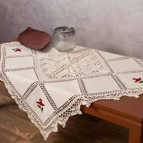 Καρέ με πλεκτό και απλικέ (90cm x 90cm) 030 κόκκινο λουλούδι